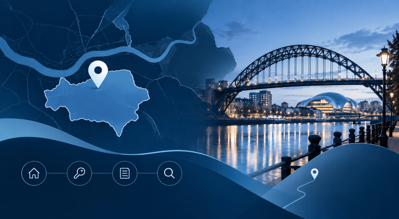Mortgage Broker in Gateshead – location map with Tyne Bridge and riverside imagery in Connect Experts blue branding