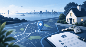 Mortgage Broker in Gayton, Merseyside location map with property marker, house keys and home-buying document.