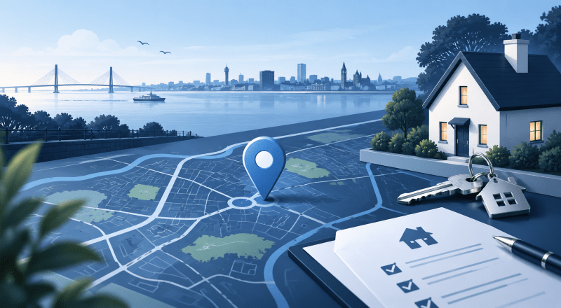 Mortgage Broker in Gayton, Merseyside location map with property marker, house keys and home-buying document.
