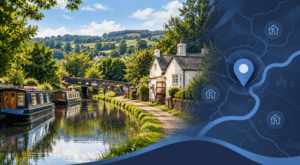 Mortgage Broker in Gilwern location map with canal-side homes, countryside scenery and property icons.