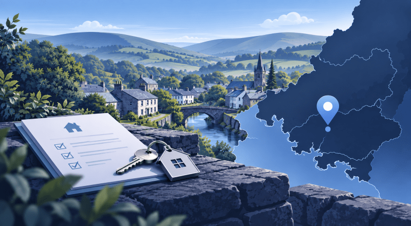 Mortgage Broker in Glanaman location map with Carmarthenshire countryside, homes, mortgage document and house key.