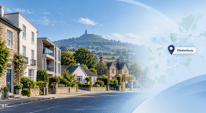 Mortgage Broker in Glastonbury with Somerset homes, Glastonbury Tor and location map pin.