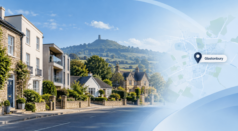 Mortgage Broker in Glastonbury with Somerset homes, Glastonbury Tor and location map pin.