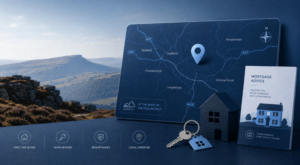 Mortgage Broker in Glossop with location map, mortgage advice icons, house and key imagery against a Peak District backdrop.