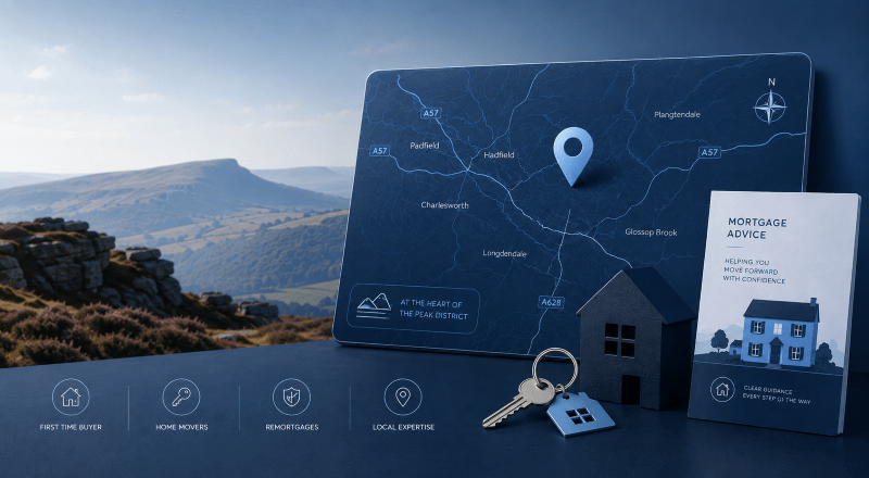 Mortgage Broker in Glossop with location map, mortgage advice icons, house and key imagery against a Peak District backdrop.