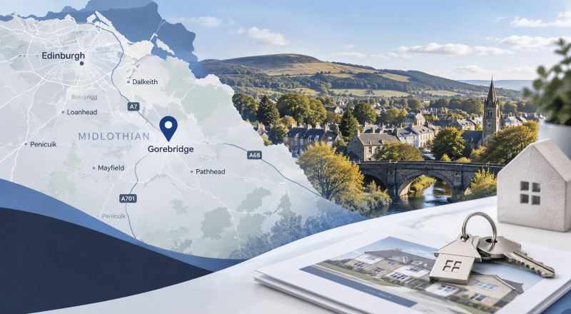 Mortgage Broker in Gorebridge hero image showing a Midlothian location map, Gorebridge pin marker, local townscape, and home-buying keys on property documents.