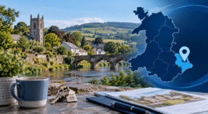 Mortgage Broker in Goytre location hero image with a Monmouthshire map pin, Welsh village scenery, house keys and property documents.