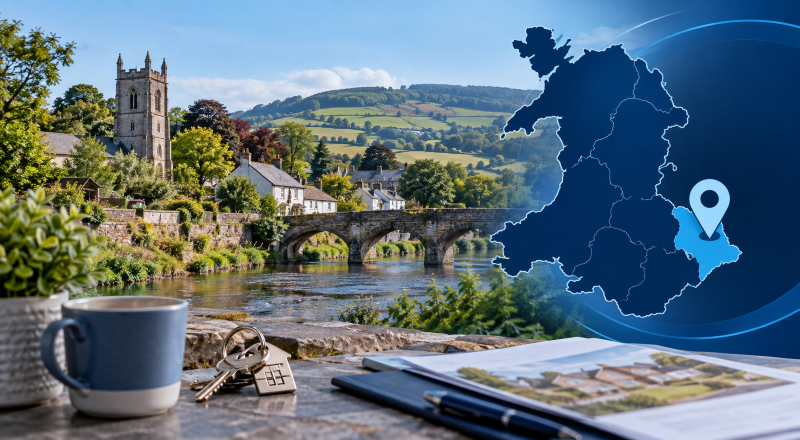 Mortgage Broker in Goytre location hero image with a Monmouthshire map pin, Welsh village scenery, house keys and property documents.