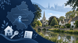 Mortgage Broker in Grantchester – location map with property icons, village cottages, church spire and riverside Cambridgeshire scenery
