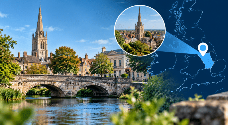 Mortgage Broker in Grantham hero image showing a scenic Grantham town view with a historic church spire, stone bridge over water, and a UK map with a location pin highlighting Grantham in Lincolnshire.