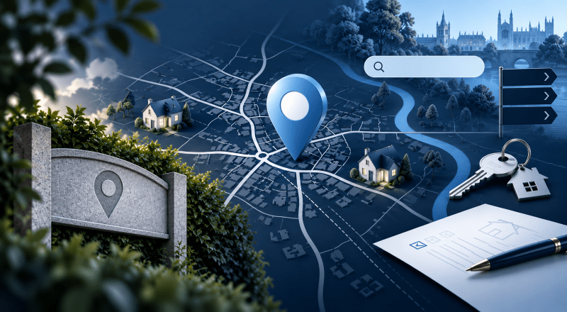 Mortgage Broker in Great Shelford – local property map with location pin, homes, keys and mortgage paperwork in Connect Experts blue branding.