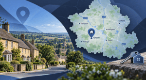 Mortgage Broker in Grove location map highlighting Grove in Oxfordshire with local homes and property icons.