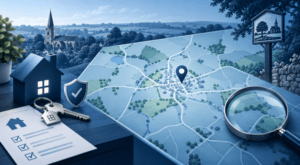 Mortgage Broker in Guilsborough location map with property, key, mortgage checklist and search icons.