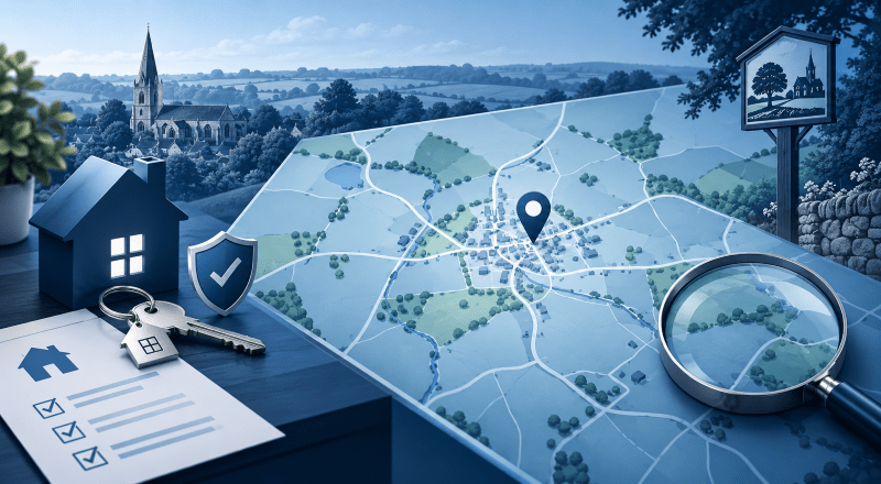 Mortgage Broker in Guilsborough location map with property, key, mortgage checklist and search icons.