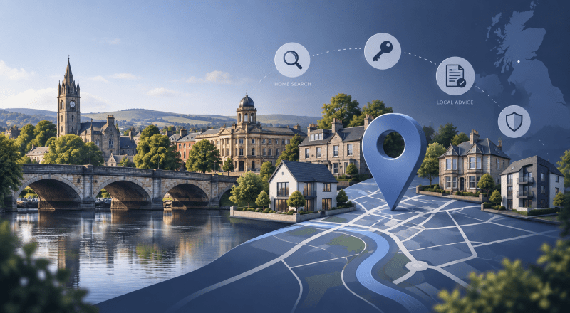 Mortgage Broker in Hamilton location map with property icons, local homes and mortgage search symbols in Connect Experts blue branding.