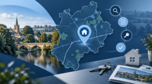 Mortgage Broker in Hardingstone location map with property, search, key and mortgage document icons in Connect Experts blue branding.