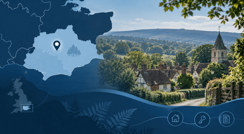 Mortgage Broker in Hartfield with East Sussex map, location pin and rural village countryside.