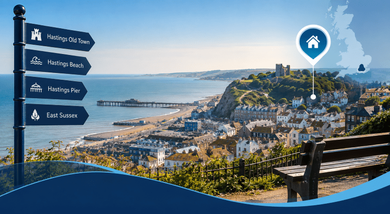 Mortgage Broker in Hastings hero image showing Hastings Old Town, the seafront, pier and East Sussex location icons in Connect Experts’ blue branding.