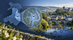 Hero image for Mortgage Broker in Hay-on-Wye showing a stylised map location graphic, the River Wye, Hay Bridge, and the town’s historic riverside setting in Powys.