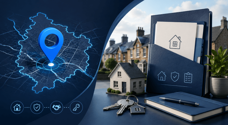 : Mortgage Broker in Heanor location map with home, mortgage and property icons in Connect Experts blue branding