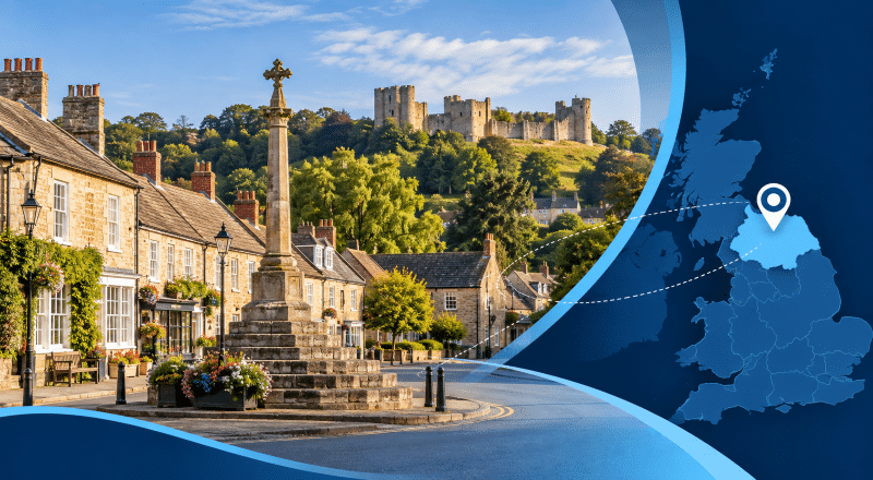 Mortgage Broker in Helmsley location map with a North Yorkshire village scene.