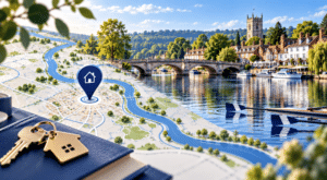 Mortgage Broker in Henley-on-Thames location map with River Thames, riverside homes, bridge and property key imagery.