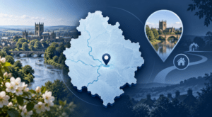 Mortgage Broker in Hereford location map showing Herefordshire, Hereford Cathedral, the River Wye and local housing icons.