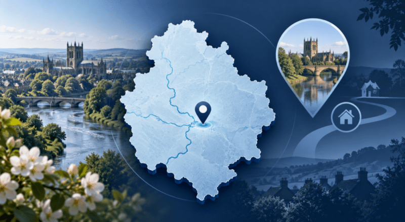 Mortgage Broker in Hereford location map showing Herefordshire, Hereford Cathedral, the River Wye and local housing icons.