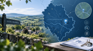 Mortgage Broker in Hope Mansell location map with Herefordshire countryside, property search icons, mortgage documents and house keys.