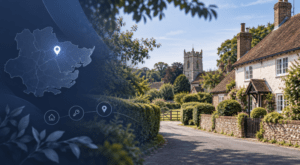 Mortgage Broker in Horkesley with Essex map pin, village homes and a rural countryside setting.