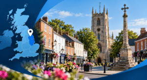 Mortgage Broker in Horncastle hero image showing a map pin over Lincolnshire beside a scenic Horncastle town centre with historic buildings, a church tower, and a market cross in Connect Experts blue branding.