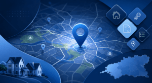 Mortgage Broker in Horsham location map with property, key and mortgage document icons in Connect Experts blue branding.