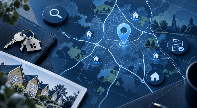Mortgage Broker in Hucknall location map with property icons, house keys and home search symbols