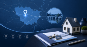 Mortgage Broker in Hungerford location map with property, keys and mortgage documents in blue branding.