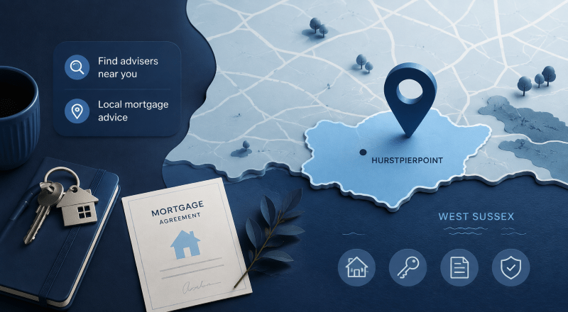 Mortgage Broker in Hurstpierpoint location map showing West Sussex with mortgage and local adviser icons.