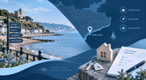 Mortgage Broker in Hythe location map with coastal Kent homes, property keys and mortgage options imagery.