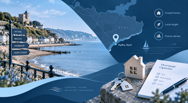 Mortgage Broker in Hythe location map with coastal Kent homes, property keys and mortgage options imagery.