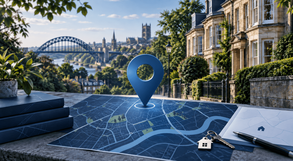 Mortgage Broker in Jesmond – location map with property icon, keys and Jesmond-style residential streets in Tyne and Wear.