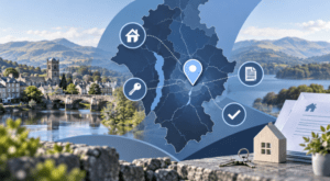 Mortgage Broker in Kendal with Cumbria map, location pin, house, key and mortgage document icons
