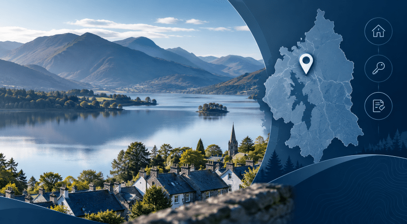Mortgage Broker in Keswick with Lake District scenery, local homes, map location pin and mortgage icons.