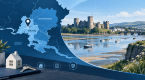 Mortgage Broker in Kidwelly location map featuring Kidwelly Castle, Carmarthenshire coastline and home finance icons.