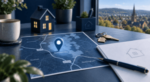 Mortgage Broker in Kimberley location map with house, keys and mortgage paperwork in Connect Experts blue branding.