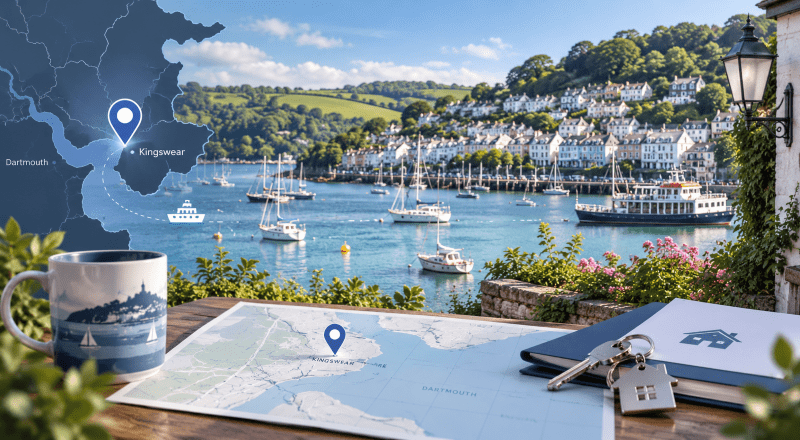 Mortgage Broker in Kingswear location map with harbour, hillside homes and property keys.