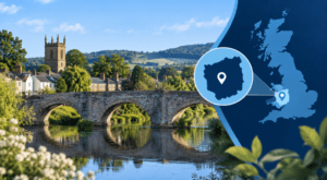 Mortgage Broker in Kington location map with Herefordshire countryside, traditional stone bridge and rural town scenery.