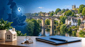 Mortgage Broker in Knaresborough, North Yorkshire, with a location map, house keys and Knaresborough-inspired riverside scenery.