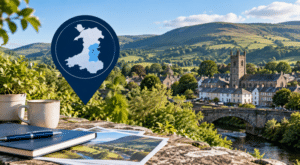 Mortgage Broker in Knighton, Powys location hero image with Welsh countryside, local townscape and map location marker.