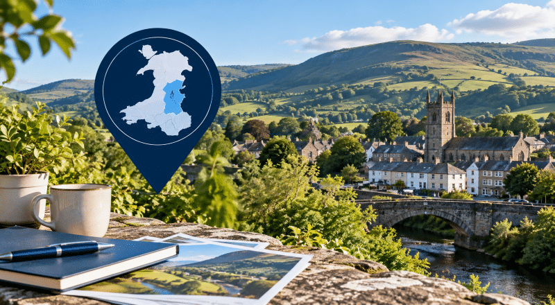Mortgage Broker in Knighton, Powys location hero image with Welsh countryside, local townscape and map location marker.
