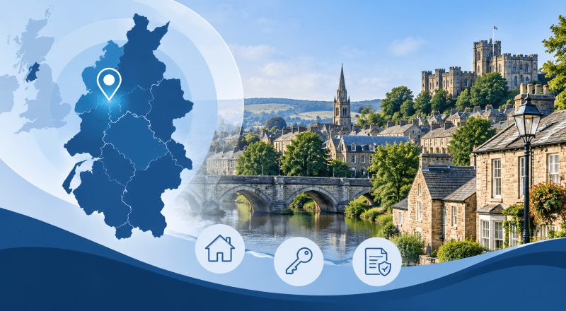 Mortgage Broker in Lancaster location map with Lancashire property and mortgage icons
