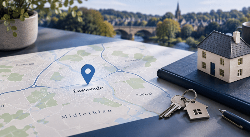 Mortgage Broker in Lasswade map-themed hero image showing a Lasswade location pin, property keys, a model house, and Midlothian surroundings in Connect Experts brand colours.