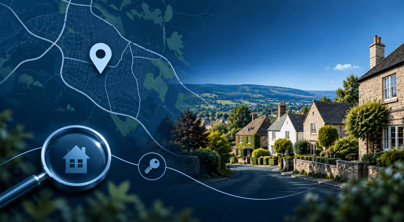 Mortgage Broker in Leckhampton location map with property search icons and Gloucestershire-style homes.